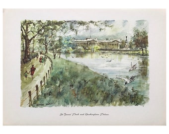 Vintage Print, 1960, St James Park & Buckingham Palace , Large Print (16.5x11) Old Print, London Print, Antique Print, Architectural Print