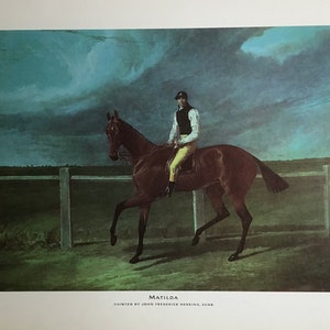 May include: A painting of a brown horse with a jockey riding it. The horse is in motion, with its legs raised in mid-stride. The jockey is wearing a black jacket, yellow breeches, and a black cap. The background is a green field with a wooden fence and a cloudy sky.