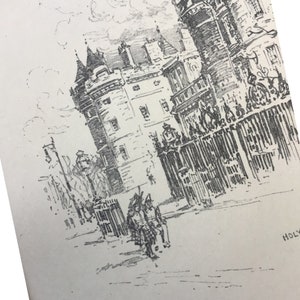 May include: A black and white sketch of a large building with multiple turrets and a decorative fence. Two figures in traditional Scottish attire walk on a street in front of the building. The word "HOLYROOD" is visible.