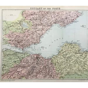 Carte ancienne de 1882, Ecosse, estuaire de la Forth, imprimée en 1882, gravure ancienne, impression contrecollée, impression originale, carte,