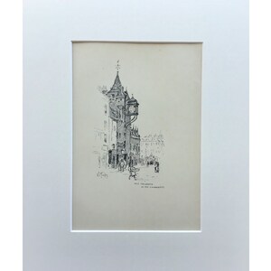 May include: A black and white line drawing of an old clock tower in a city street. The clock tower has a tall spire and a clock face with Roman numerals. The drawing is titled "Old Telegraph in the Exchange."