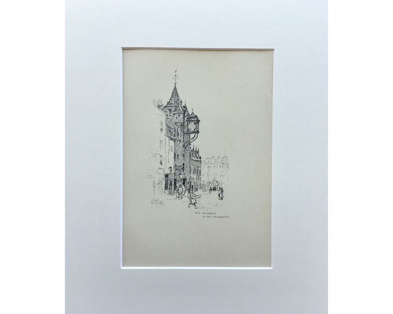 May include: A black and white line drawing of an old clock tower in a city street. The clock tower has a tall spire and a clock face with Roman numerals. The drawing is titled "Old Telegraph in the Exchange."