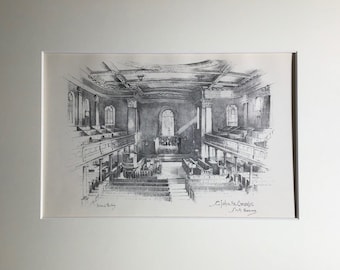 May include: Black and white drawing of the interior of a church. The drawing shows the pews, the altar, and the pulpit. The text "St. John the Evangelist, South Boston" is written in the bottom right corner.