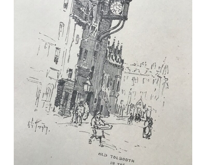 May include: A black and white line drawing of a building with a clock tower. The building is labelled "Old Tolbooth in the".