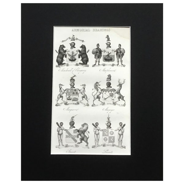 Antique Print 1854, Scottish Armorial Bearings, Macdonell,Macpherson, Macquarriel, Macgregor,Stewart, Lamont,Scottish Print, Scottish Clans,