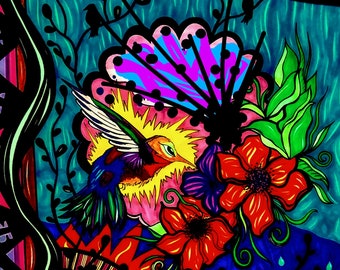 May include: A colorful abstract painting featuring a hummingbird in flight, surrounded by flowers and leaves. The background is a vibrant blue with hints of green and yellow.