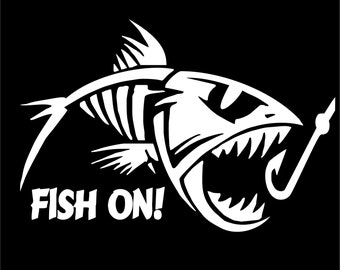 Fish on! Fishing Decal Vinyl Sticker 4"H x 6"W inch.