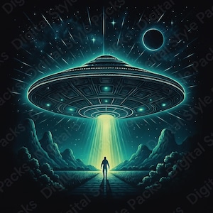 Könnte beinhalten: Digitale Illustration eines UFOs über einer Landschaft. Ein Lichtstrahl scheint auf eine Person, die auf einem Pfad geht. Die Szene spielt vor einem Sternenhimmel mit einem dunklen Planeten.