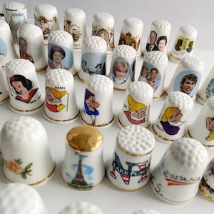 65 Vintage Thimble collection international antiques sewing granny chic bone china made in England British royals family Disney snowwhite