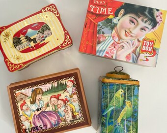 Tin Box bundle of 4 | Trinket Box Collectors | home decor vintage collection tea tin boxes kitsch old antique colourful decorative storage