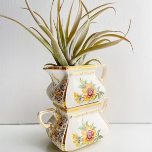 May include: A stacked, vintage-style planter with a gold trim and floral design, holding a green air plant. The planter is white with yellow and purple flowers. The air plant has long, slender green leaves.