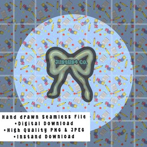 May include: A digital download graphic with a light blue background featuring a pattern of pencils, ABC blocks, and paper. A large bow with the text "Justus4 Co." is in the center. The text "Hand drawn seamless File" and other details are at the bottom.
