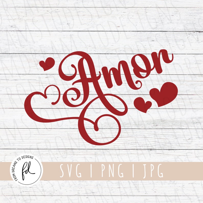 May include: Red cursive script spelling "Amor" with three red hearts. The word is in a stylized font with a flourish.
