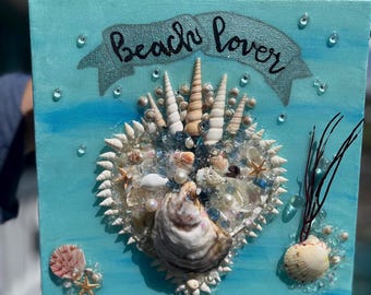 Seashell Heart Resin Art: Beach Lover Glass Shells on Canvas