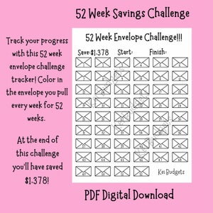 52 Week Challenge, Money Savings Challenge, Emergency Fund Savings, Printable Budget Tracker, Savings Tracker