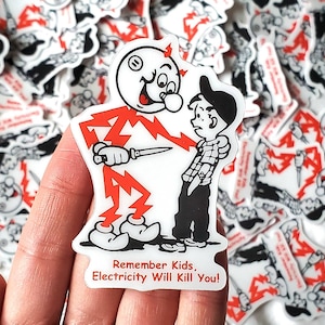 Reddy Kilowatt Sticker, Remember kids, Electricity will kill you! Hard hat sticker electricians TRADESONLY Toolbox Decal Lineman Stickers