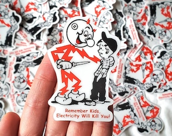 Reddy Kilowatt Sticker, Remember kids, Electricity will kill you! Hard hat sticker electricians TRADESONLY Toolbox Decal Lineman Stickers