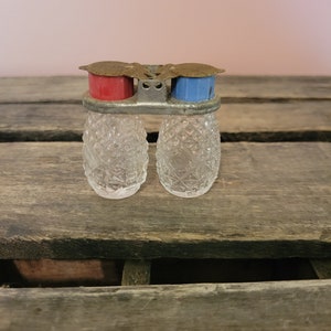 Vintage Salt and Pepper Shakers Set Mini Glass Mid Century Shaker Set with Metal Flip Top Caddy FREE SHIPPING