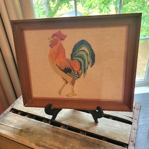 Vintage Framed Cross Stitch Colorful Rooster Farm Country Cross Stitch FREE SHIPPING