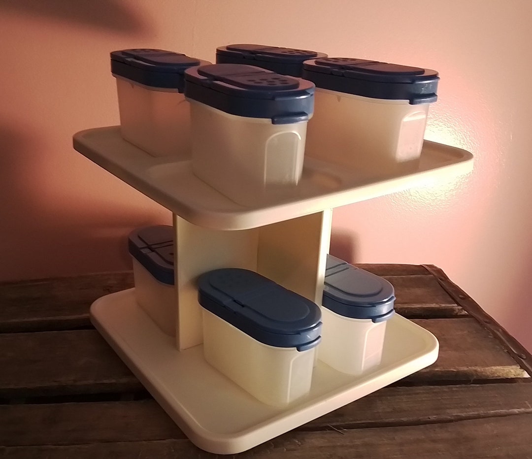 Vintage Tupperware Lazy Susan Spice and Storage Caddy With 8 Blue Lids