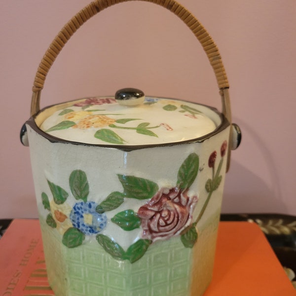 Vintage Made in Japan Biscuit Jar with Lid and Weaved Basket Handle Earthenware Vintage Jar FREE SHIPPING