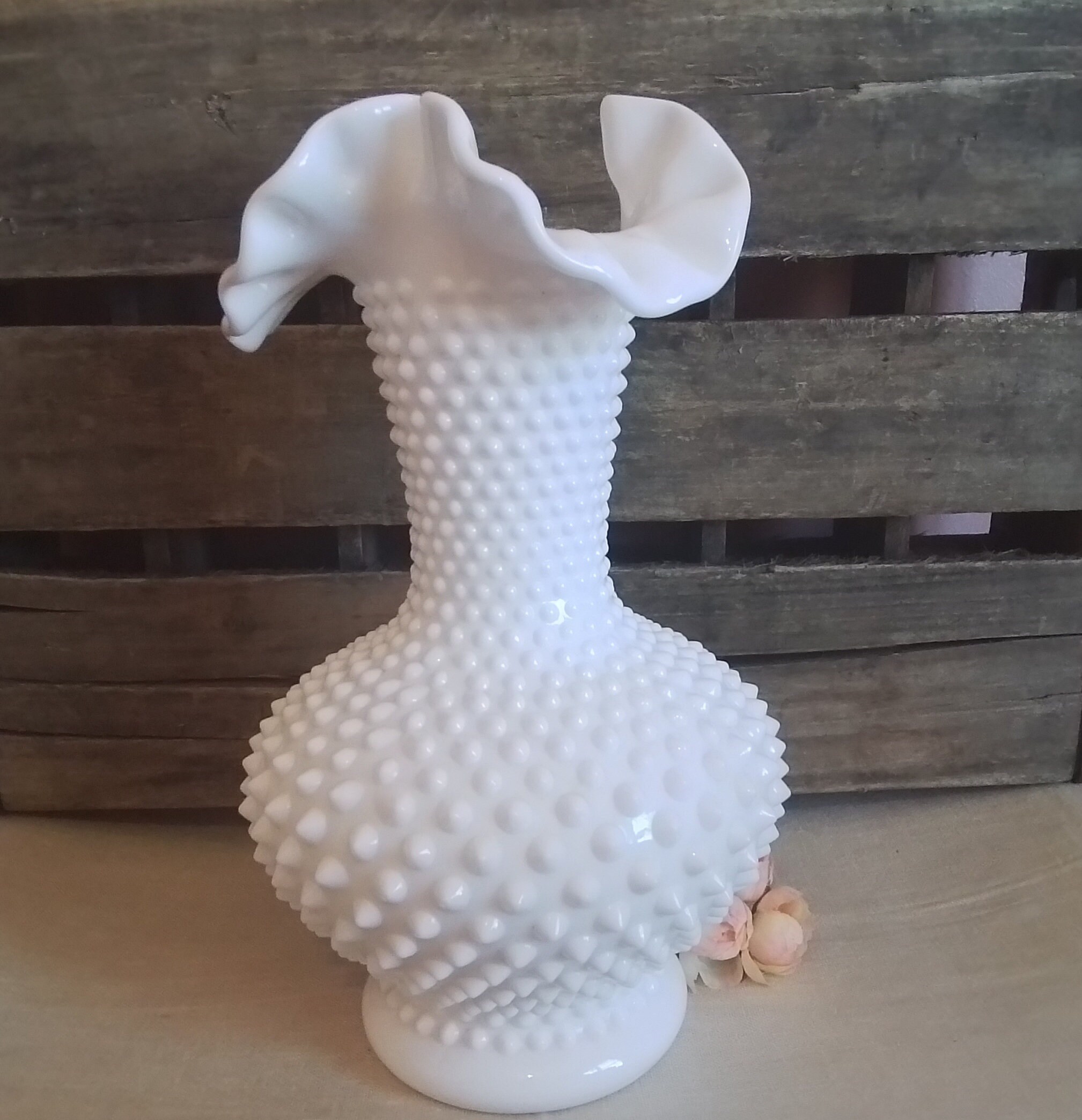 Vintage Fenton Hobanil Milk Glass Large Double Crimped Vase