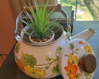 Vintage Tea Kettle Rustic Decorative Floral Enamel Kettle Gailstyn Sutton Foilage FREE SHIPPING