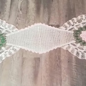 Vintage Hand Crochet Table Runner Dresser or Furniture Scarf Pink Floral Vintage Linen FREE SHIPPING