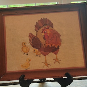 Vintage Framed Cross Stitch Turkey and Chicks Farm Birds Country Cross Stitch FREE SHIPPING