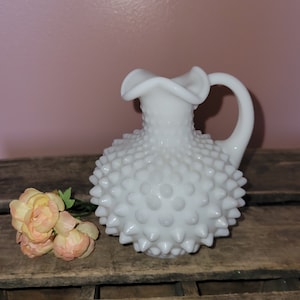 Vintage Hobnail Milk Glass Pitcher Hobail Ruffled Pinch Handled Pitcher FREE SHIPPING
