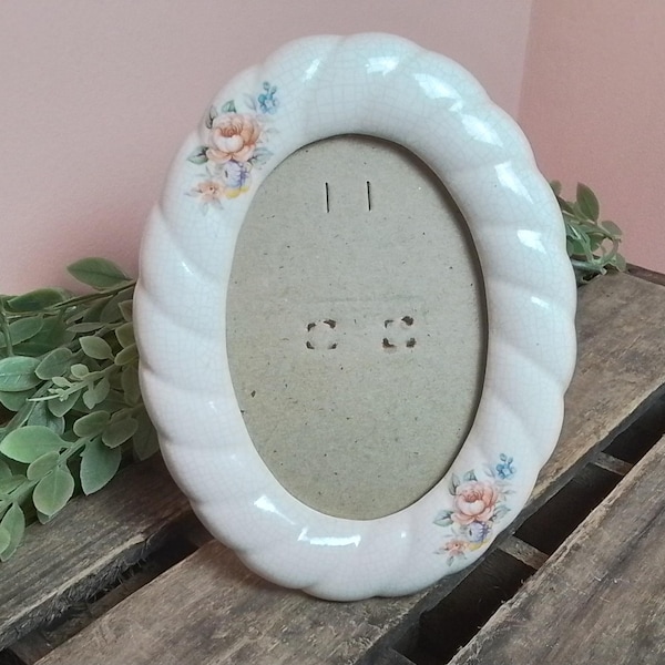 Vintage Oval Floral Porcelain Picture Frame Vtg Farmhouse Cottage Decor Home