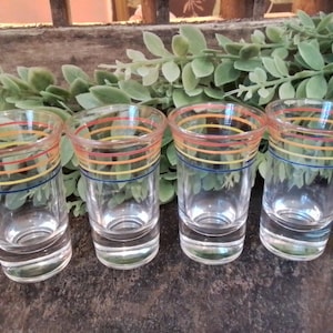 May include: Four clear shot glasses with colorful horizontal stripes in red, orange, yellow, and blue. The glasses are arranged in a row, with a green leafy plant in the background. The shot glasses are empty.
