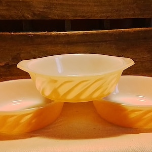 Vintage Fire King Anchor Hocking Set of Three Individual Casserole Baking Serving Dishes Peach Luster USA Made FREE SHIPPING