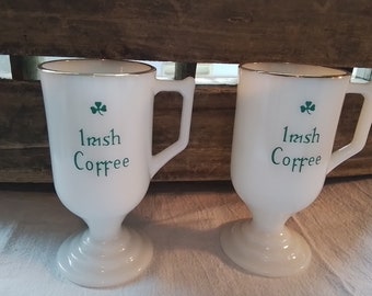 Vintage Milk Glass Irish Coffee Mugs, Gold Trim (Set of 2)