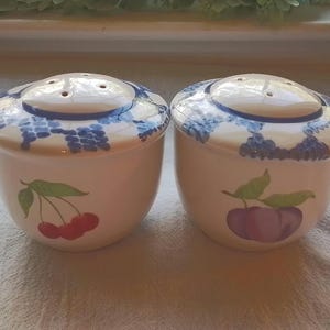 May include: Two ceramic salt and pepper shakers. The shakers are white with blue and white patterned lids. One shaker has a cherry design, and the other has a plum design. The shakers are on a white surface.