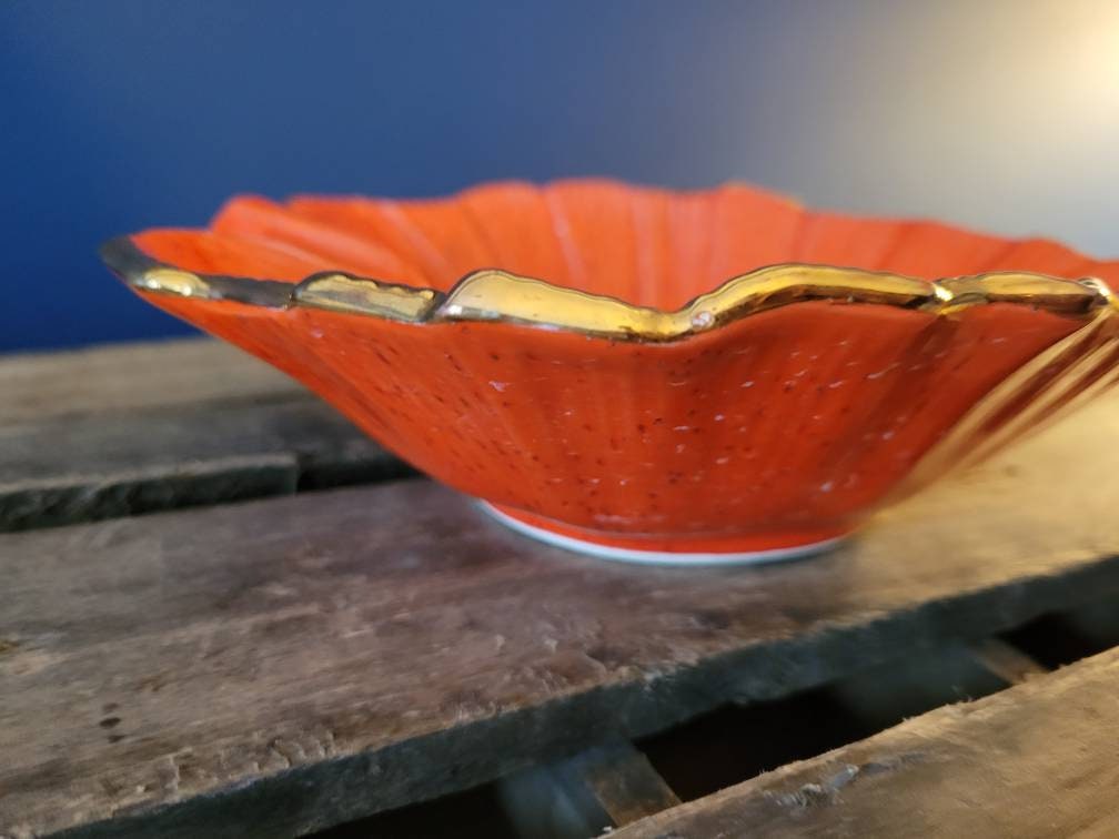 Vintage California USA Pottery Leaf Bowl Gold Trim Mid Century Etsy