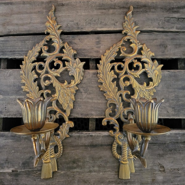 Vintage Brass Wall Sconce Candlestick Taper Pair Boho Brass Vintage Brass Style Decor FREE SHIPPING