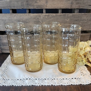 Vintage Glasses Set of 4 Tall Amber Glass Drinking Glasses Check Squared Design Mid Century Style FREE SHIPPING