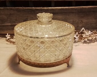 Vintage Avon Vanity Jar Dresser Tabletop Dish Crystal Like Look Hard Plastic Gold Footed Feature and Lid Vintage Bedroom Powder Room Storage