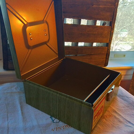 Vintage Mid Century Porta File Box: Green Wood Grain Metal Storage