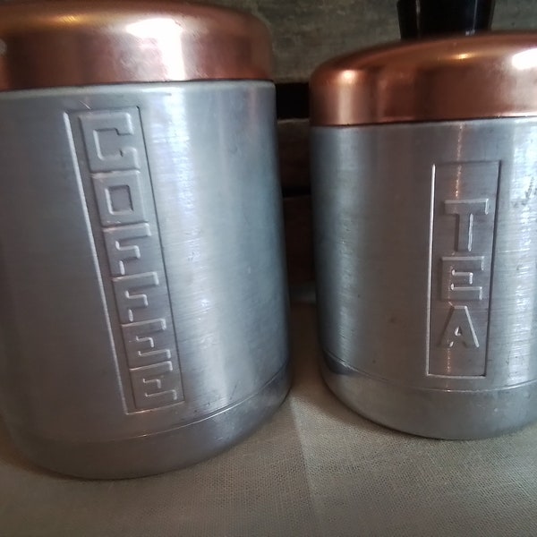 Vintage Mid Century Aluminum Canister Set with Copper Colored Lids Coffee and Tea Canisters Rustic Vintage FREE SHIPPING