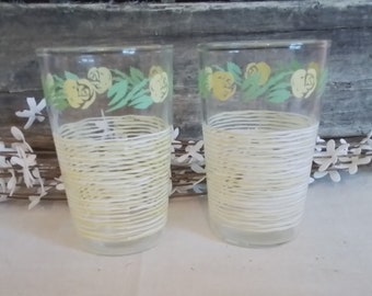 Vintage Juice Glasses Pair Mid Century Glasses Yellow Roses Vintage Kitchen Dishes FREE SHIPPING