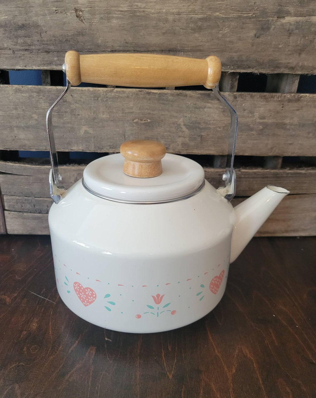 Vintage Enamel Tea Kettle Lincoware Kettle With Wooden Handle Etsy