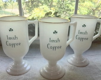 Vintage Milk Glass Irish Coffee Mugs: Set of 3, Gold Band