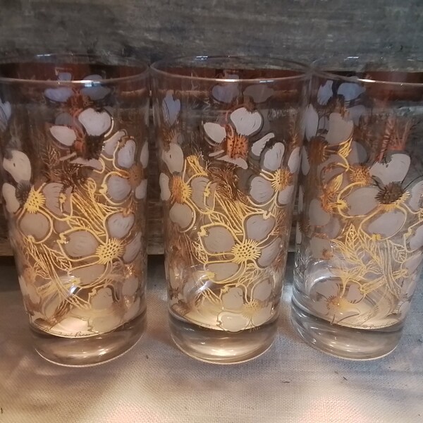 Vintage Fred Press Glassware Set of Three Vintage Mid Century Barware Highball Glasses Gold Leaf MCM Design FREE SHIPPING