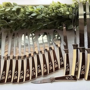 Vintage Regent Sheffield 17 Piece Cutlery Knife and Serving Set Made in England Stainless Cutlery Pieces Decorative Faux Wood Handled Design