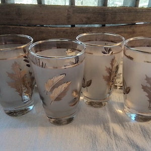 Vintage Libbey Tumblers Set of 4 Bar Glasses Golden Foliage Frosted Glass Pattern Mid Century Glassware FREE SHIPPING