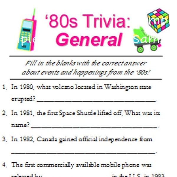 80s Trivia Pack - Printable Trivia - 1980's Game  - Includes answers!