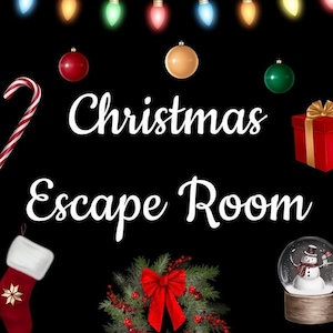 Puede incluir: Un fondo negro con una cadena de luces navideñas de colores, un bastón de caramelo, una media roja, una corona con un lazo rojo, una caja de regalo roja con un lazo dorado, una bola de nieve con un muñeco de nieve dentro y el texto "Christmas Escape Room".