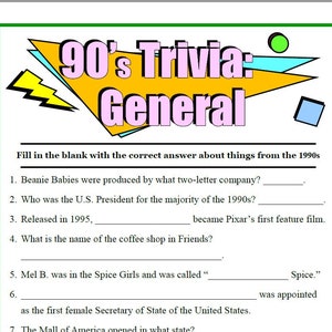 90's Trivia Game, Movies, Sports, Cartoons (PDF Download) image 1